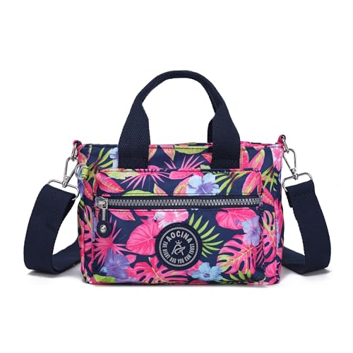 AOCINA Mini Tote Bag with Multi Pockets Small Crossbody Bags for Women Nylon Printed Shoulder Bag(Colorful Leaves)