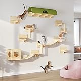 DWVO Cat Wall Shelves and Perches for Wall, Pine Wooden Wall Mounted Cat Furniture, Set of 16 Cat Climbing Shelves with Cat Bed, Wall House, Wall Steps, Bridge Ladder, Scratching Post and Cat Tunnel