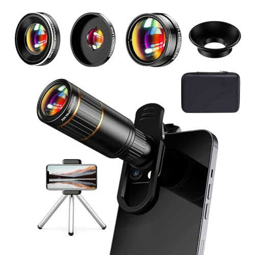 Updated COSULAN Phone Camera Lens Kit 4-in-1, Come with 22X Telephoto Lens, 205° Fisheye Lens, 4K 0.67X Wide Angle Lens, 25X Macro Lens, Clip, and Phone Mini Tripod for iPhone and Android Phone Series