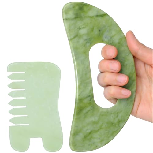 Jade Stone Gua Sha Massage Tool Set Larger Guasha Board with Handle, Muscle Scraping Massage Tools, Guasha Scraping Scalp Comb, Acupuncture Tools for Back Neck, Head, Relaxation Lymphatic Drainage