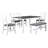 LUMISOL Farmhouse 6-Piece Dining Table Set with Bench, Solid Wood Kitchen Room Table Set with Cross Back Chairs and Padded Bench, GrayWash+White