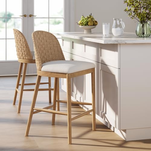 Nathan James Rikki Seagrass Bar Stool with Back, 2-Pack Boucle Counter Stool with Upholstered Seat, Solid Wood Frame, and Woven Seagrass Backrest