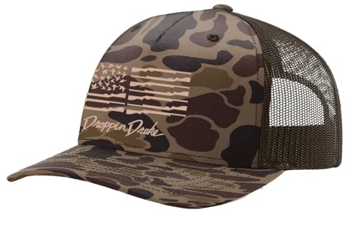 Droppin Drake Southern Apparel Co American Duck Gun Flag Trucker Mesh Snapback Hat-Bark Duck Camo/Brown