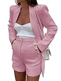 Cicy Bell Womens 2 Piece Tweed Blazer Shorts Sets Long Sleeve Double Breasted Suit Jackets Business Outfit Pink, XX-Large