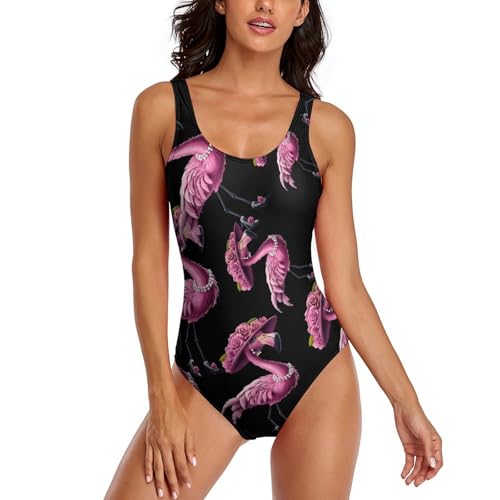 Beautiful Flamigos Lady Women's One Piece Swimsuits Tummy Control Bathing Suits Swimwear for Beach Party S