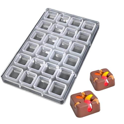 TUKE Polycarbonate Chocolate Molds 24 Cavity Square Shape Food-Grade Plastic Mold, Reusable Baking Mold for DIY Candy, Cake Decorating, Valentine’s Day, Christmas (A_ Square)