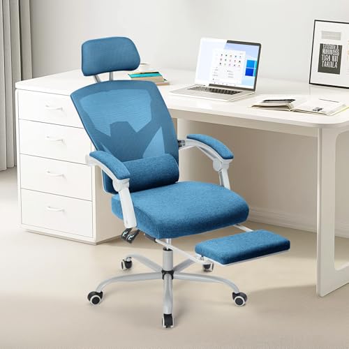 Sweetcrispy Office Computer Desk Chair, Ergonomic High-Back Mesh Rolling Work Swivel Chairs with Wheels, Comfortable Lumbar Support, Comfy Arms for Home, Bedroom, Study, Student, Blue