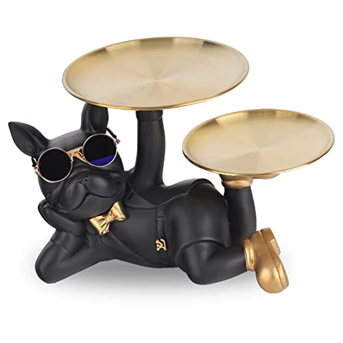 oliruim Bulldog Butler Statue with Tray French Bulldog Decor Sculpture for Home Living Room Candy Dish, Entryway Key Holder, Modern Home Office Decor (Black)