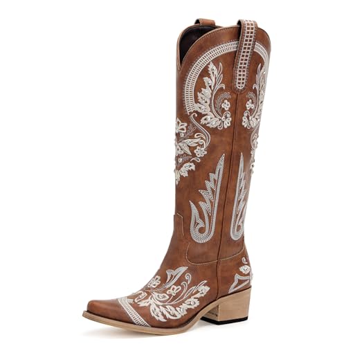 Western Cowboy Boots for Women Embroidered Rhinestones Knee High Cowgirl Boots Pointed Toe Chunky Heel Fashion Retro Classic Tall Boot