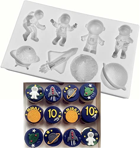 Siking Space Theme Mold Astronauts Rockets and Planets Shaped Silicone Chocolate Candy Cupcake Fondant Cake Decoration DIY Crafting tools, White (SAP - 11)