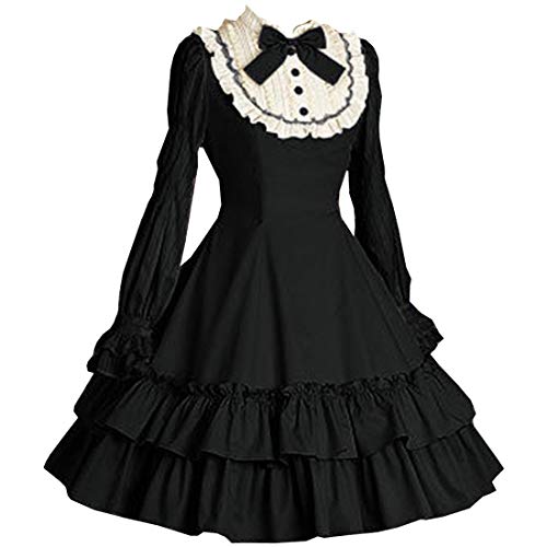 I-Youth Women's Long Sleeves Black Gothic Lolita Dress Multi Layers Classic Goth Dress Halloween Cosplay Costume (XS, Black)