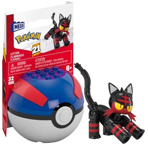 MEGA Pokémon Litten Pokeball Building Toy Kit, Poseable Action Figure (32 Pieces) for Kids