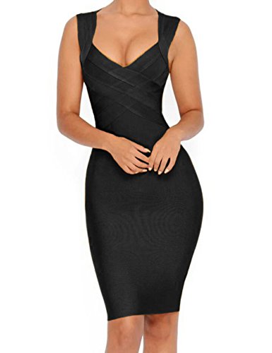 Whoinshop Women's V-Neck Strapless Clubwear Bodycon Bandage Dress (XL, Black-2)