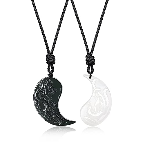 COAI Yin Yang Obsidian White Jade Stone Phoenix Dragon Matching His and Hers Necklaces
