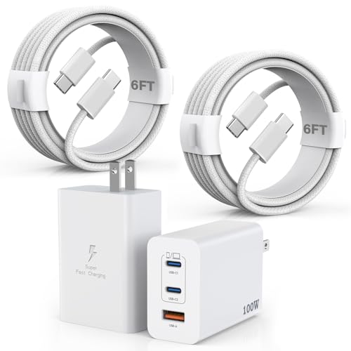 100W USB C Charger, 2Pack 140W USB C to C Woven Cable 6FT Braided Cord 100W Type C MacBook Pro Charger Block 6Foot Super Fast Phone Charging 3 Port PD & AC Charge for MacBook Pro/iPhone 16/15/iPad Pro