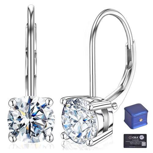 Moissanite Earrings,1.0ct-2.0ct D Color,925 Sterling Silver Dangle Earrings for Women, Lab Created Diamond Earrings,18K White Gold Plated Leverback Drop Earrings (Moissanite-2.0ct(1.0ct*2)