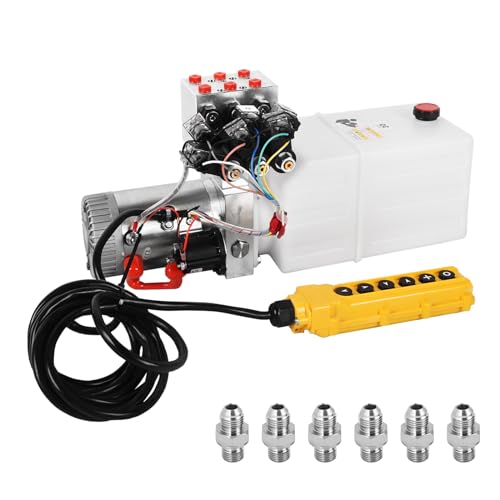 VAIDPRO Hydraulic Pump, 6 Quart 6 Way Hydraulic Power Unit 12V DC Double Acting Dump Trailer Pump Solenoid Electric Hydraulic Pump with Plastic Reservoir for Car Lifting