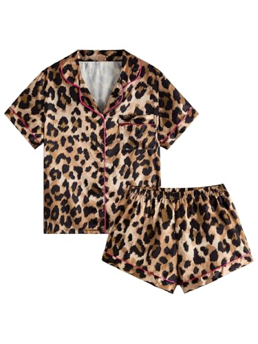 BEAUDRM Women's 2 Piece Stain Pajama Set Leopard Button Front Short Sleeve Cheetah Collar Shirt and Shorts Sleepwear Set Pjs Brown Small