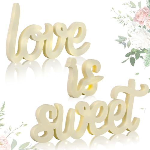 Glooglitter 3 Pcs Love Is Sweet Table Decor Wooden Love Is Sweet Sign LED Hollow Sign for Dessert Freestanding Letter Shelf Rustic Wedding Bridal Shower Engagement Bachelorette Party Decor(Beige)
