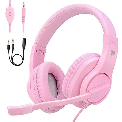 ShinePick Kids Headphones, Over-Ear Girls Boys Gaming Headphones with Microphone and Volume Control for Kids Teens Online School, Travel（Pink）