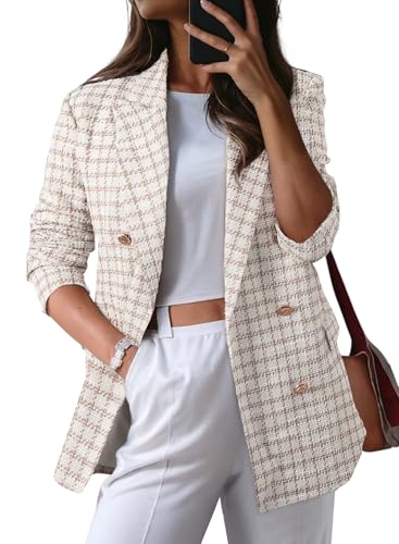 Happy Sailed Womens Plaid Blazers Fashion Work Suits Long Sleeve Double Breasted Open Front Oversized Tweed Blazer Jackets Professional Outfits for Work Beige M