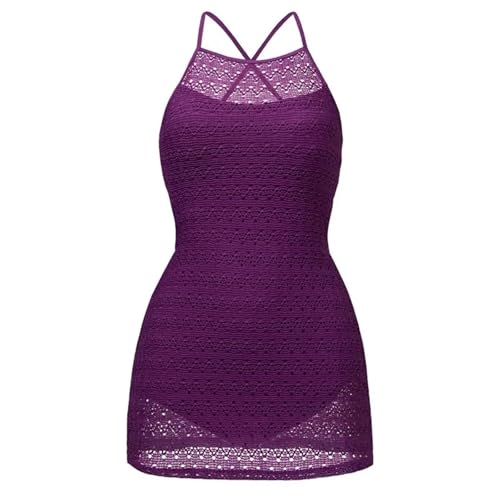 Women's One-Piece Swimsuit Korean Style Sexy Backless Knitted Belly Covering Skirt Design Swimming Costume(M)