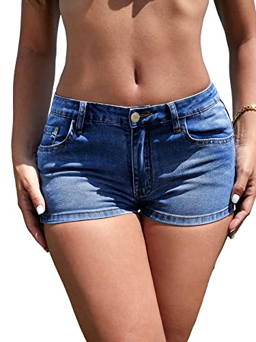 WDIRARA Women's Low Waist Button Skinny Denim Shorts Streetwear Stretch Shorts Medium Wash L