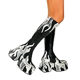 HiColor women’s side zipper high heeled silver Flames printing thick sole boots high boots round toe boots(BLACK US9)