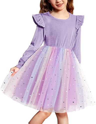 Arshiner Princess Dresses for Girls Velvet Tulle Tutu Party Sparkle Clothes Purple Rainbow Size 7