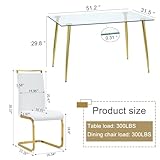 Ebullient Glass Dining Table Set for 4,5 Piece Dining Table and Chairs Set，Modern Kitchen Dining Room Table with 4 White PU Leather Dining Chairs,0.31” Tempered Glass Table Top with Gold Metal Legs