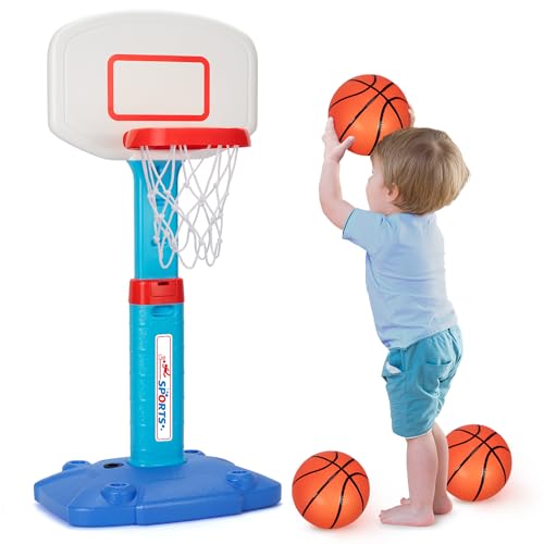 LACCHOUFEE Basketball Hoop Indoor Outdoor Toys for Toddlers 1-3, Kids Basketball Hoop with 3 Balls, Adjustable Mini Basketball Goal, Birthday Sports Toys Gift for Baby Boys Girls Age 1 and Up - Blue