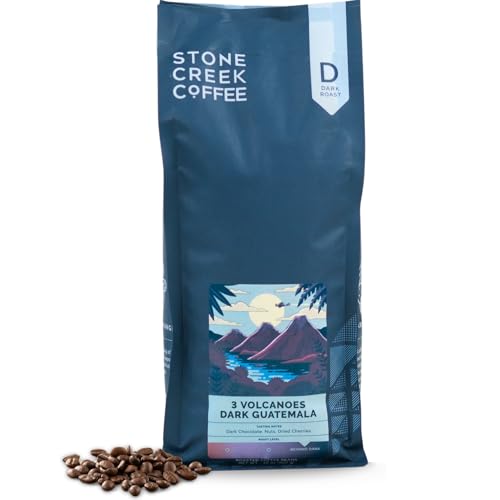 Stone Creek Coffee Dark Roast Whole Bean Coffee – 2 LB (Pack of 1) – Smooth Fresh Roasted Coffee Beans with Dark Chocolate Tasting Notes, 3 Volcanoes Dark Guatemala