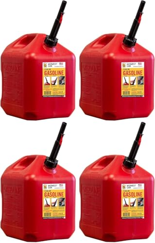 Midwest Can 5610 Safe-Flo Auto Shut Off 5 Gallon Gas Can – Durable Fuel Containers with FlameShield Safety System & Quick-Flow Spout - Red - 4 Pack