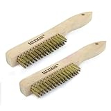 MAXMAN Brass Brush, Heavy Duty Brass Wire Brush Set 2Pcs, Metal Brush, Wire Brushes for Cleaning Rust with 10" Curved Beechwood Handle