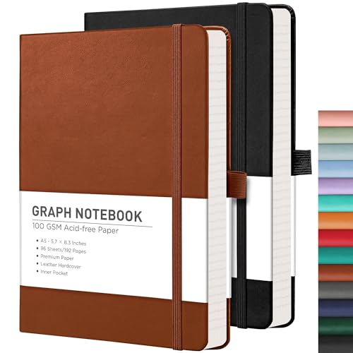 RETTACY Graph Paper Notebook, 2-Pack, A5 Grid Notebook Journal with 192 Pages per Pack, 5.7'' × 8.3'', Medium Size, Leather Hardcover, 100 GSM Thick Paper, for Math, Engineering (Black & Brown)