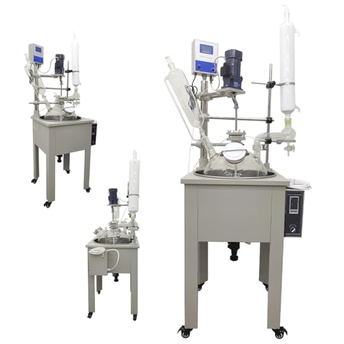 EQCOTWEA 110V 30L Single Layer Glass Reactor Kettle, Lab Chemical Reaction Vessel with Heating & Digital Display, 60-600RPM Stirring, Stainless Steel Frame, Borosilicate Glass for Distillation/Mixing