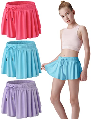 3 Pack Girls Flowy Shorts with Spandex Liner 2-in-1 Youth Butterfly Skirts for Fitness, Running, Sports (Set 4, Youth Large)