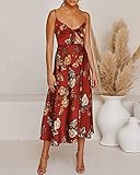 Fashionme Women Spaghetti Strap Midi Satin Dresses Tie Front Backless Split Summer Casual Floral Dress Hollow Flowy Slip Dress Sundress Wedding Guest Beach Cocktail Graduation Maroon