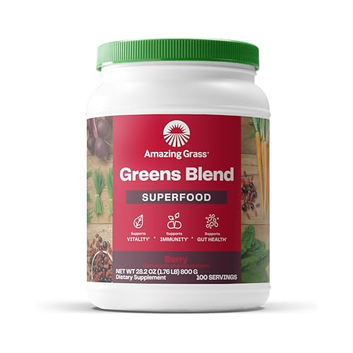 Amazing Grass Greens Blend Superfood: Super Greens Powder with Spirulina, Chlorella, Beet Root Powder, Digestive Enzymes, Prebiotics & Probiotics, Berry, 100 Servings (Packaging May Vary)