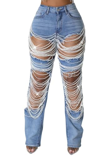 DINGANG Women's Cut Out Straight Leg Ripped Jeans with Rhinestones Pearl Bling Distressed Stretchy Denim Pants Blue