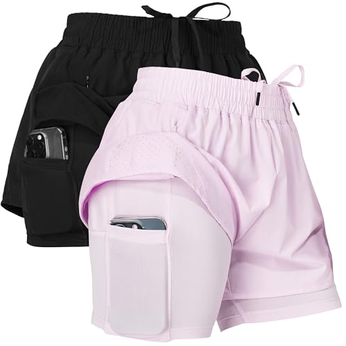 Ultra Performance Gym Shorts Women Pack of 2, Nylon Compression Workout Shorts Women with Liner, Small Black, Lilac