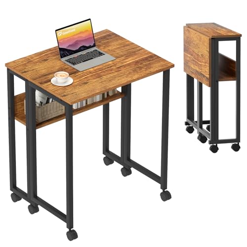 GreenForest Folding Desk Small Rolling Desk with Storage Shelf, 24.8 inch Foldable Computer Desk with Wheels for Small Space, Easy Assembly,Walnut