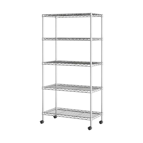 Seville Classics 5-Tier Wire Shelving with Wheels, 5-Tier, 30"" W x 14"" D (NEW MODEL), Chrome Plating, Plated Steel