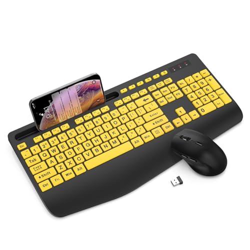 Wireless Keyboard and Mouse Combo - Large Print Ergonomic Keyboard with Wrist Rest, Phone Holder, Sleep Mode, Silent 2.4GHz Keyboard Mouse Set for Computer, Laptop, PC, Mac, Windows - Trueque, Yellow