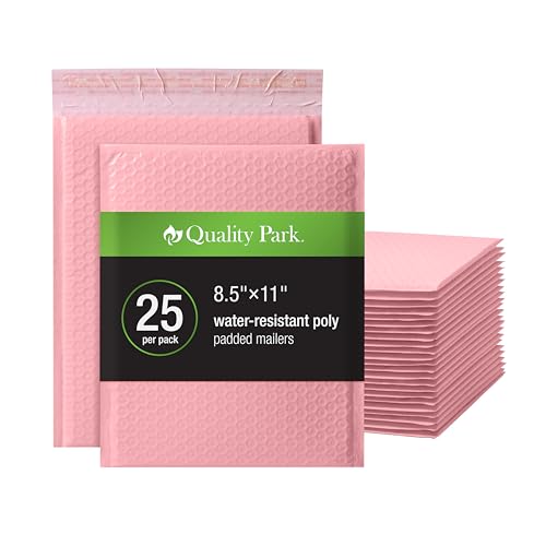 Quality Park Bubble Mailers, 8.25 x 11, Light Pink Poly Mailers, Padded Envelopes, Shipping Bags, Water Resistant, Self Seal, 25 Per Box (QUA85908)