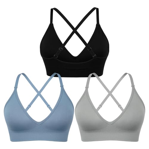 sicoozoe Sports Bra for Women Sexy V-Neck Low Cut Workout Bras Adjustable Strap Criss-Cross Back Yoga Bra Seamless Low Support Wireless Athletic Bras with Padding 3 Pack （Black/Grey/Blue, Medium）