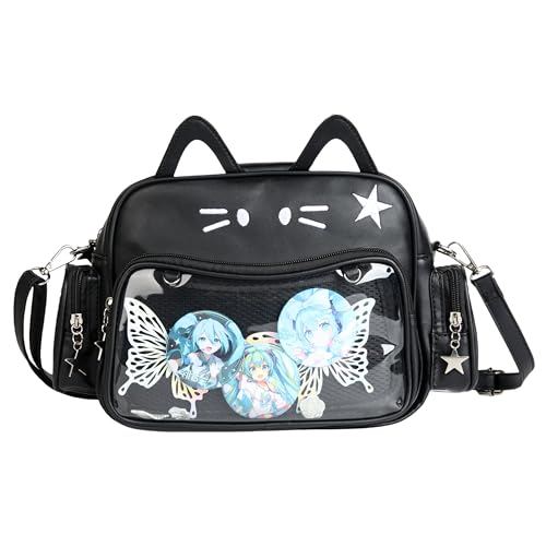 Cat Ita Bag Pin Display Kawaii Backpack for School PU Shoulder Crossbody Bag for Girls Y2k Purse with Insert (Black)