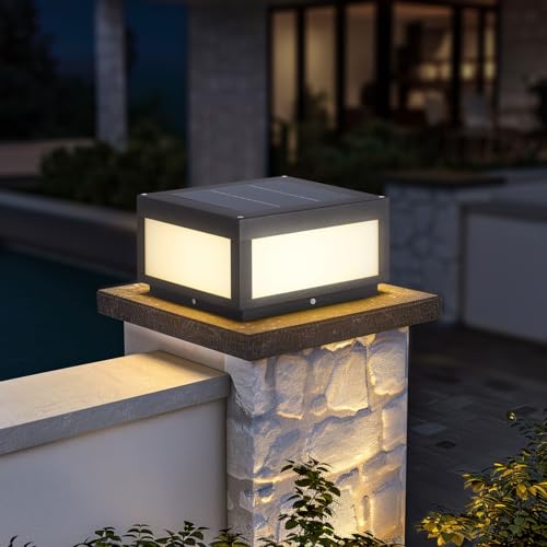 PAKEDANDUN Solar Pillar Light Outdoor, Modern Post Light Dusk to Dawn IP54 Waterproof Solar Column Cap Lights LED 3000K Deck Lantern Lamp for Patio Garden Decoration with E26 Bulb(11.8"x11.8",Grey)
