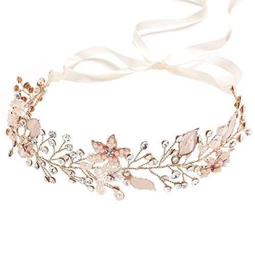 Coucoland Flower Girl Fairy Headpiece - Rose Gold Leaf Girls Toddler Crown Hair Piece Vine Prom Bridal Wedding Accessories Crystal Tiara for Women