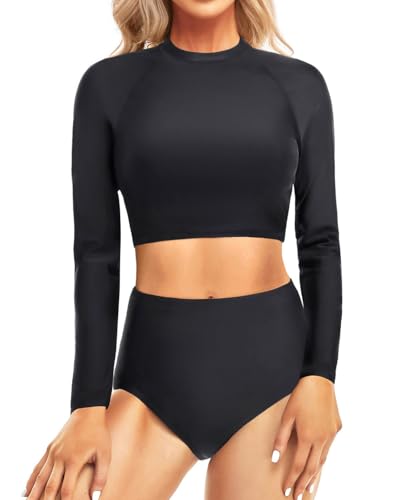 Pinup Fashion Long Sleeve Swimsuit Rash Guard 2 Piece Black UV UPF 50+ Swim Shirt Bathing Suit with Bottom L